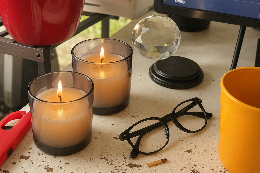 Two lit luxury candles in smoky gray glass jars sit on a rustic, chipped white table alongside a bright orange mug, red lighter, black eyeglasses, and a crystal sphere. Cozy autumn desk scene with warm ambient light.