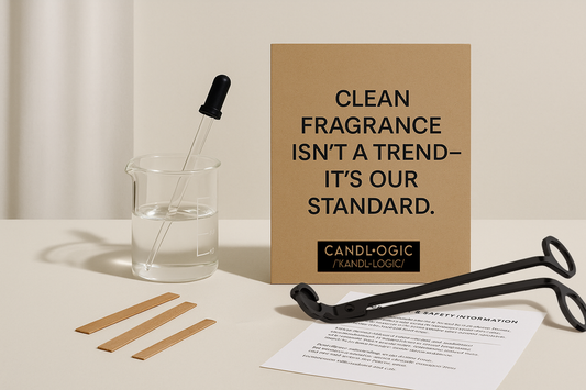 table with candle making items and a sign that reads Clean Fragrance Isn't a Trend, It's Our Standard