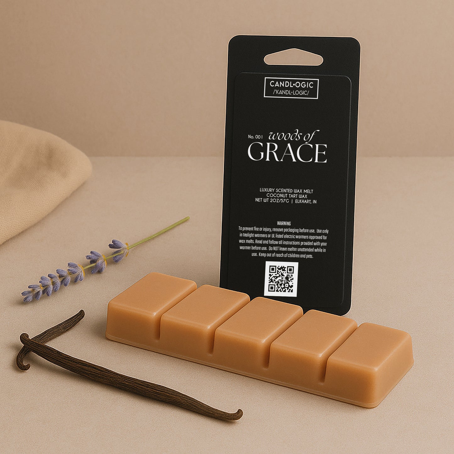 Luxury wax melt snap bar by Candl•ogic on minimalist background – clean, non-toxic home fragrance