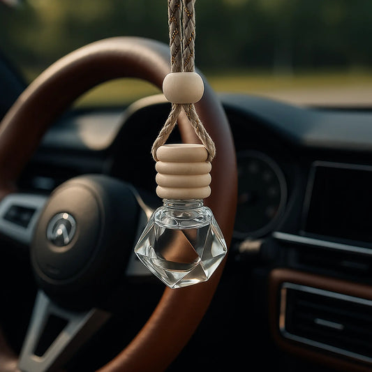 Candl•ogic showing their diamond shaped, multi-faceted car diffuser with an untreated bamboo lid hanging in a luxury car