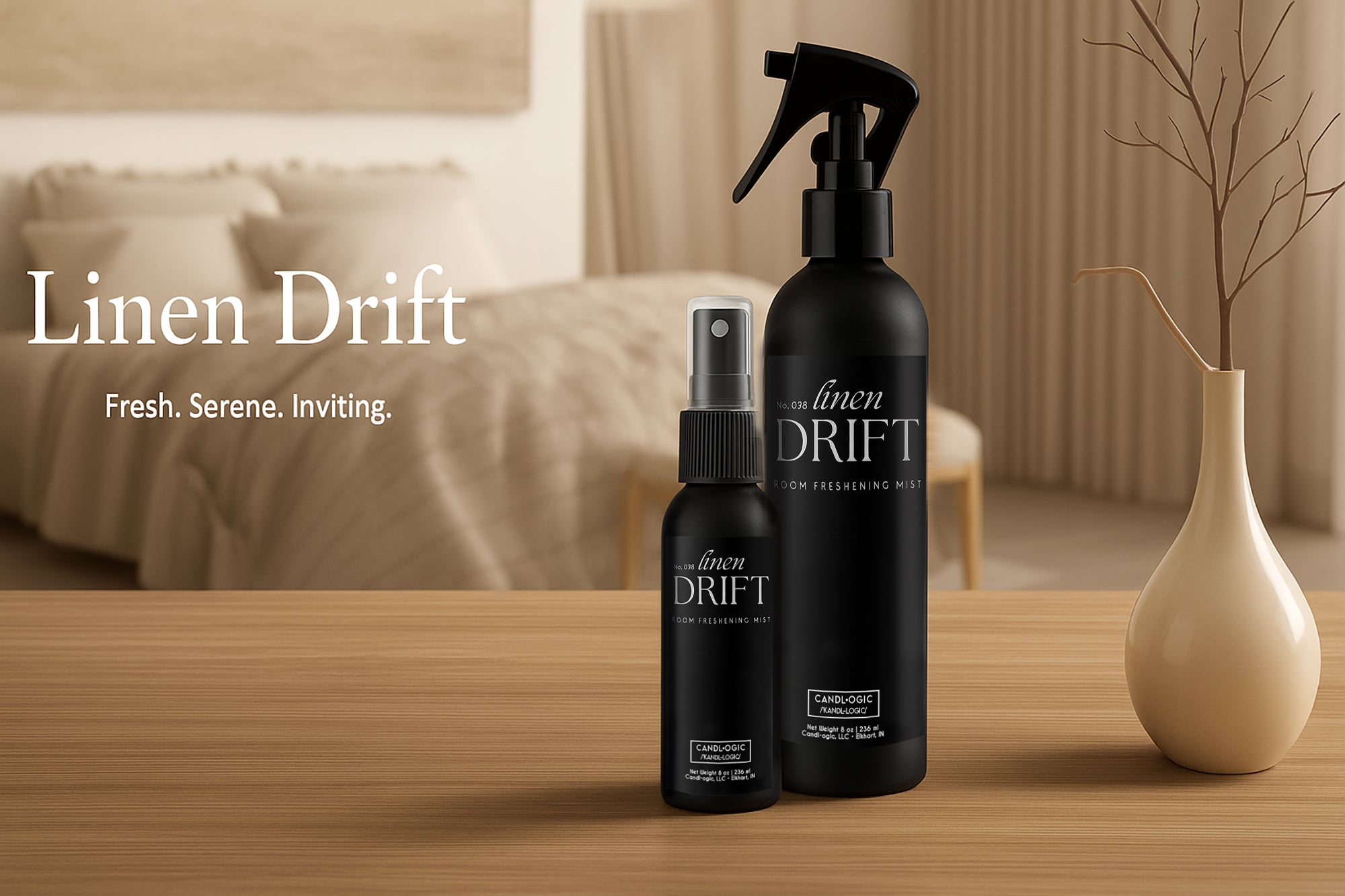 Linen Drift luxury room freshening mist bottles by Candl•ogic, displayed on a wooden table in a serene bedroom setting.