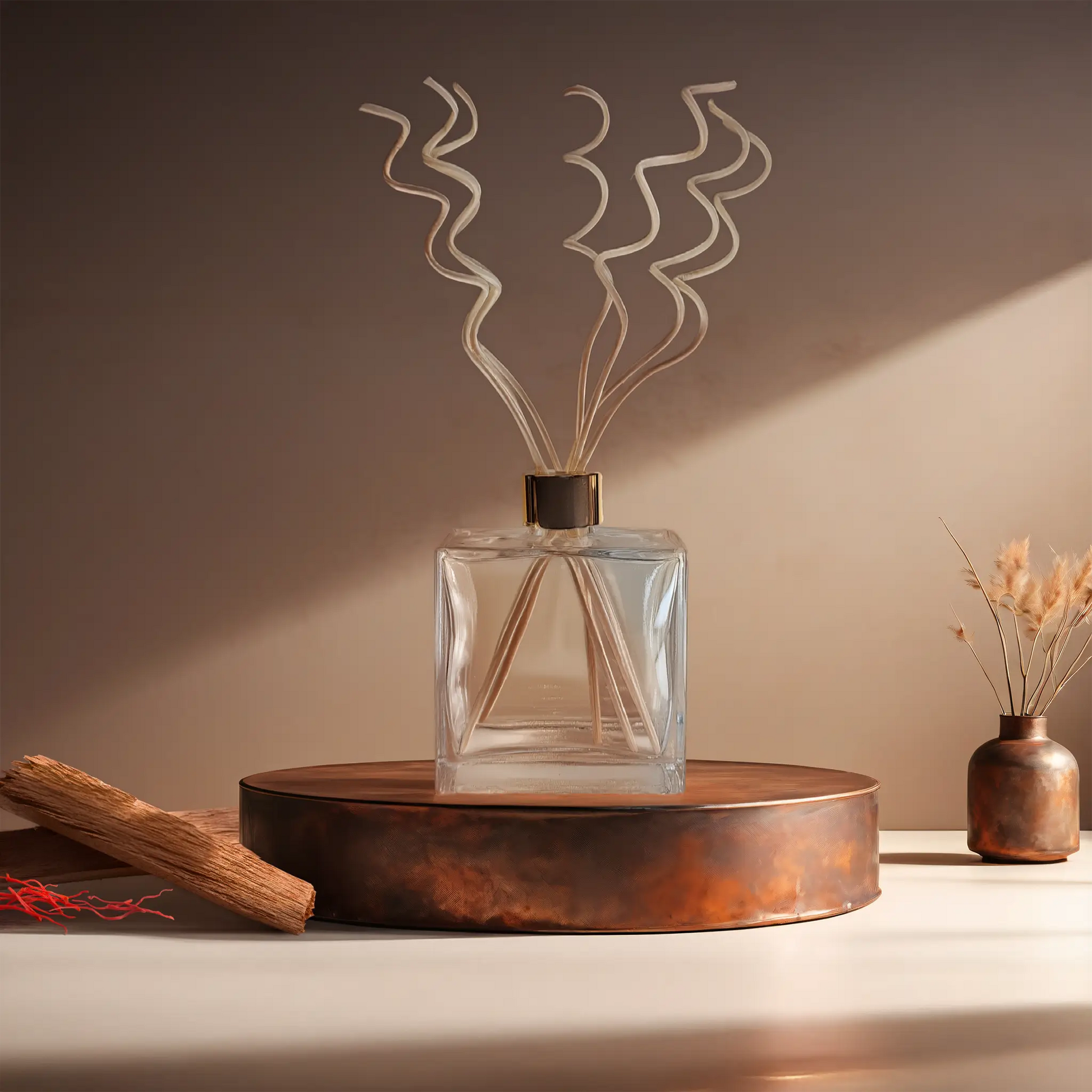Candl•ogic’s reed diffuser set in a ractangular clear glass jar with rattan spiral diffuser reeds for ‘No. 011 Oregon Trail’ on a copper tray with pieces of sandalwood and strands of saffon and a copper vase in the background.