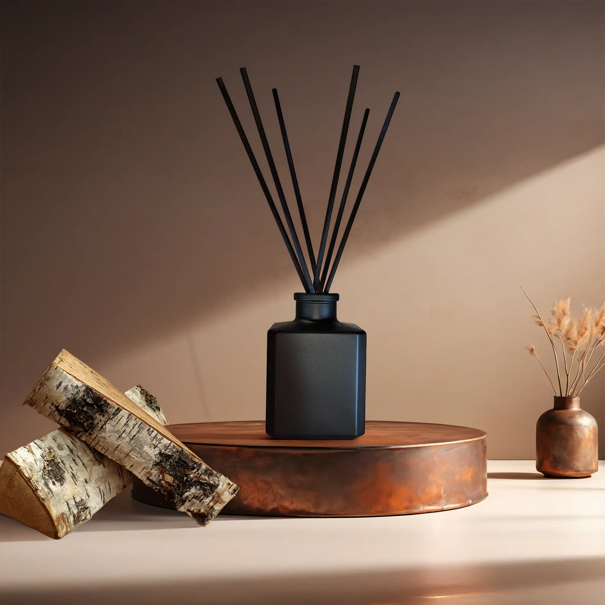 Candl•ogic’s reed diffuser set in a small black glass cube with black fiber diffuser reeds for ‘No. 012 Paper Birch’ on a copper tray with pieces of paper birch tree and a copper vase in the background.