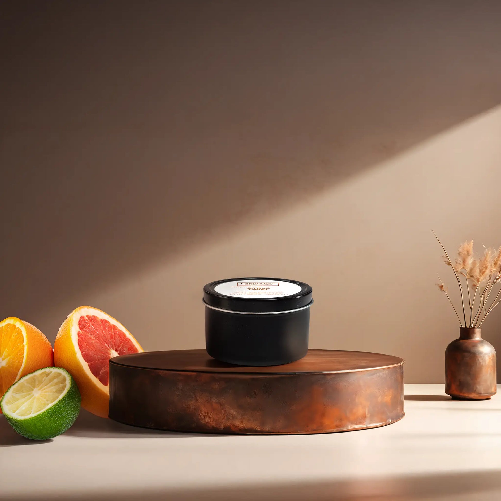 Candl•ogic’s scented candle with a wood wick in a 3 oz. black metal tin labeled ‘No. 029 Citrus Twist’ on a copper tray with citrus and a copper vase in the background.
