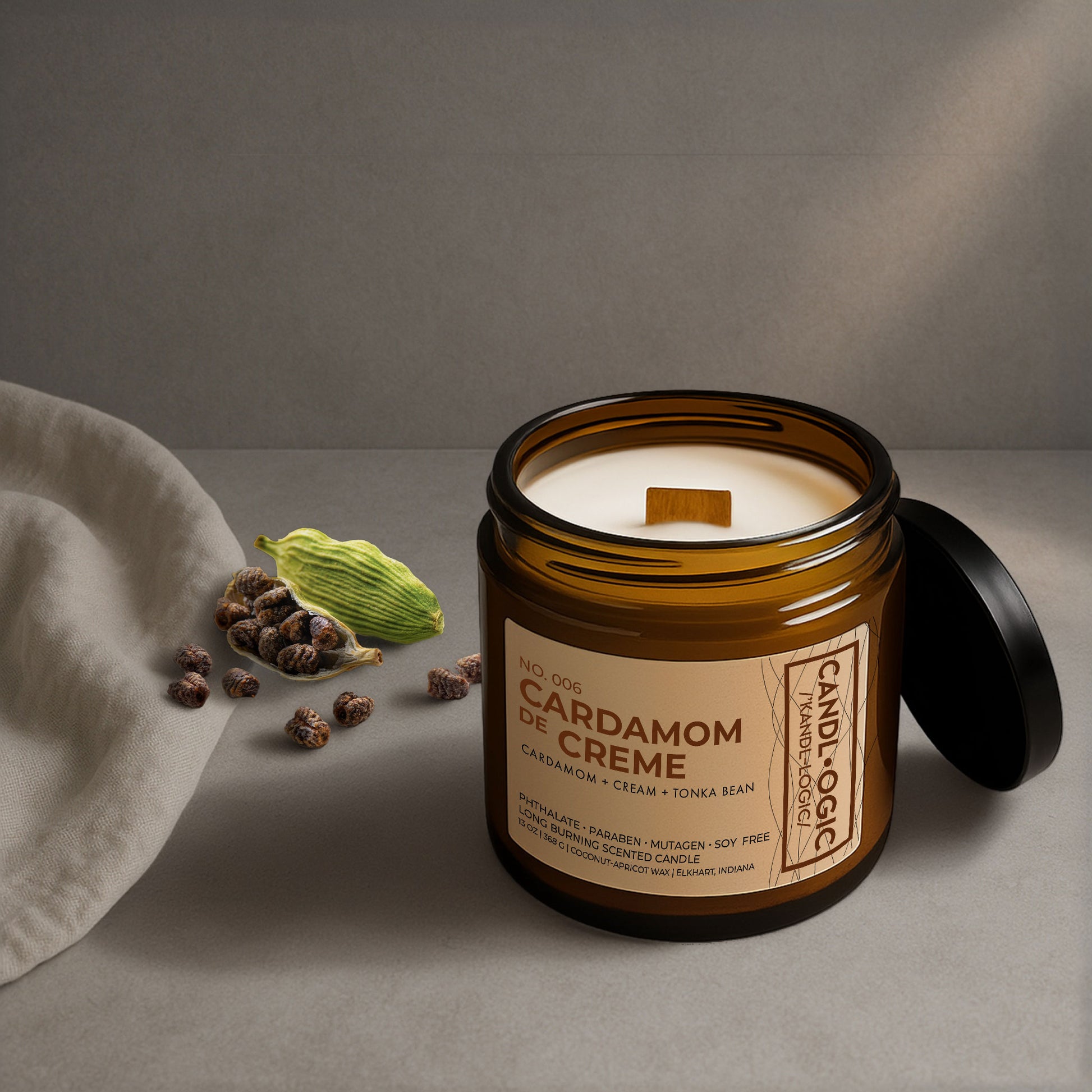 Black Cardamom-Cream Home Fragrance No. 006 Cardamom de Creme Scented Wood Wick Candle