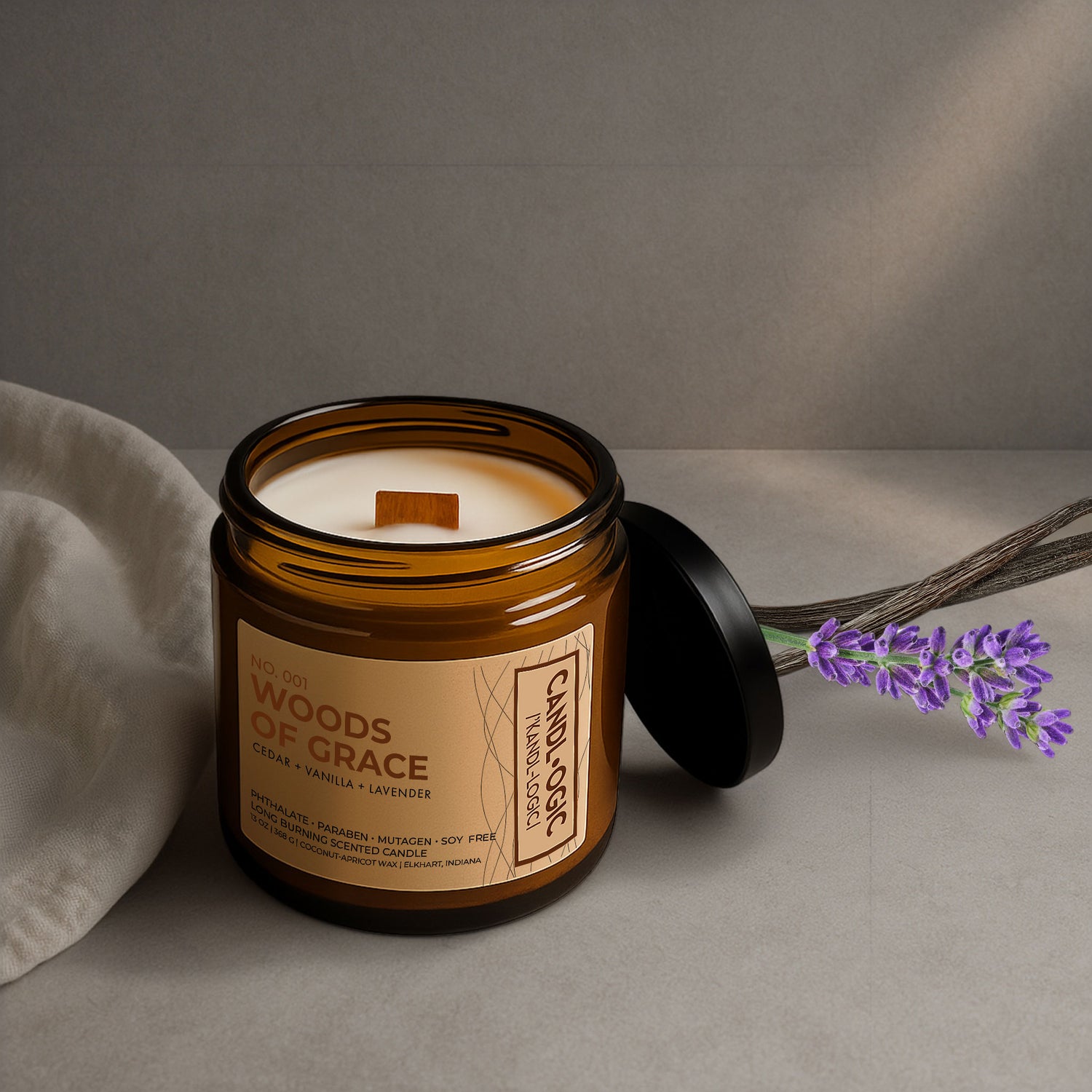 Cedar Vanilla & Lavender Home Fragrance, No. 001 Woods of Grace Scented Wood Wick Candle