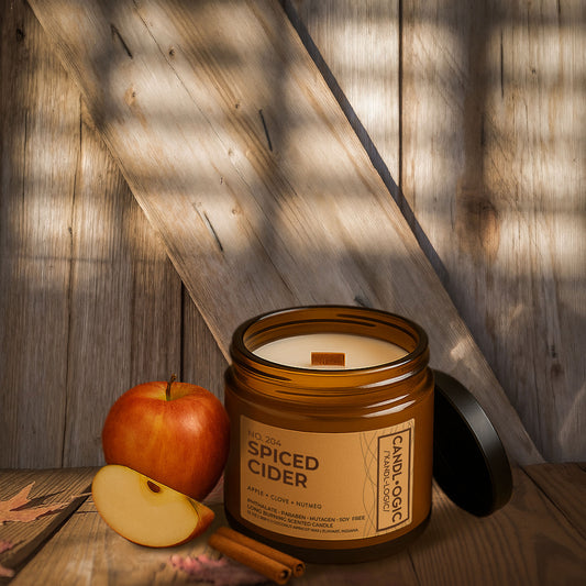 Luxury amber jar candle No. 204 Spiced Cider by Candl•ogic, with apple, clove, and nutmeg fragrance, displayed on rustic wooden background with fresh apple slices and cinnamon stick.