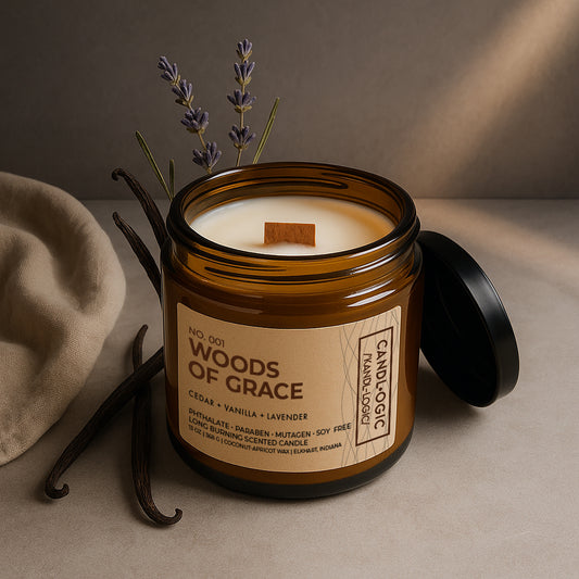 No. 001 Woods of Grace luxury candle in amber jar with wooden wick, cocoa butter and coconut inspired scent, eco-friendly clean burn by Candl•ogic