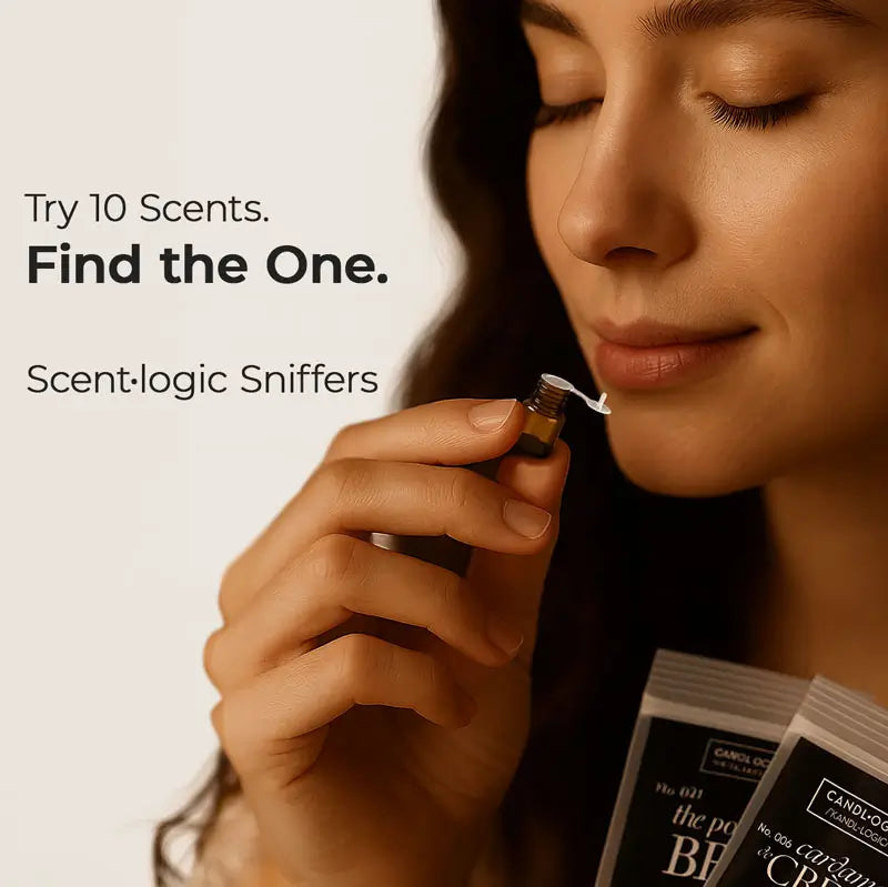Woman using Scent-logic Sniffers with text 'Try 10 Scents. Find the One.'